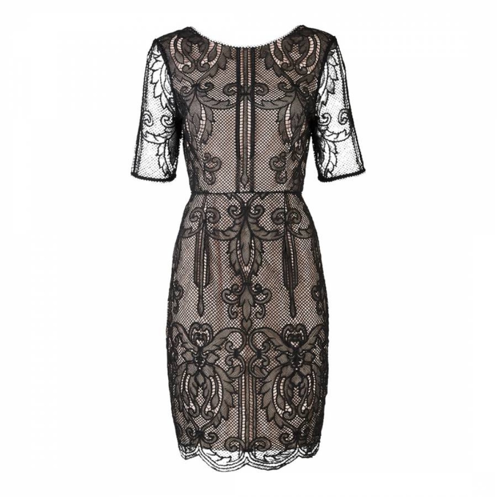 REISS Zola Lace Dress  Black Scalloped Hem V-Back Party Cocktail US 4 - Picture 2 of 16